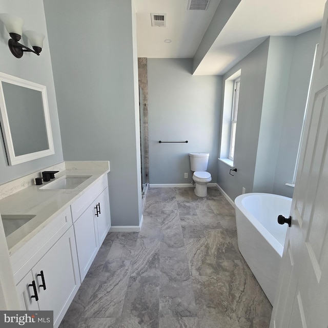 full bathroom with plus walk in shower, vanity, and toilet