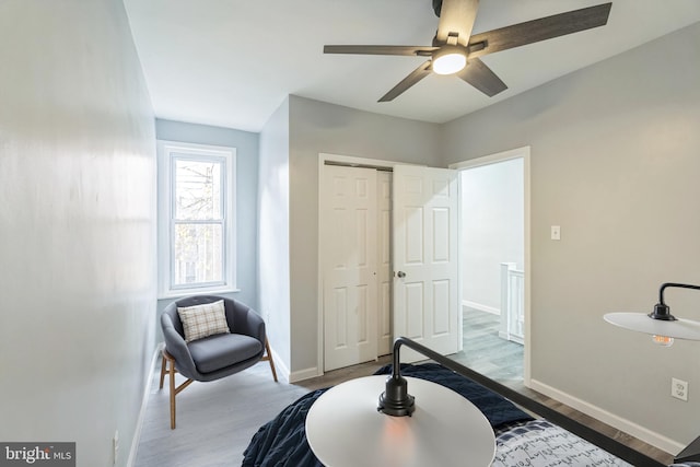 living area featuring light hardwood / wood-style floors and ceiling fan