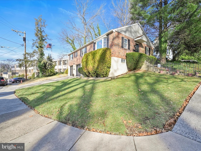 view of property exterior with a yard and a garage