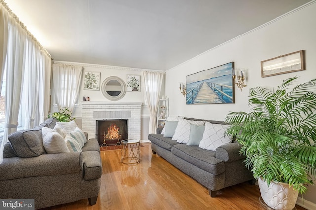 living room with wood-type flooring, a fireplace, and ornamental molding