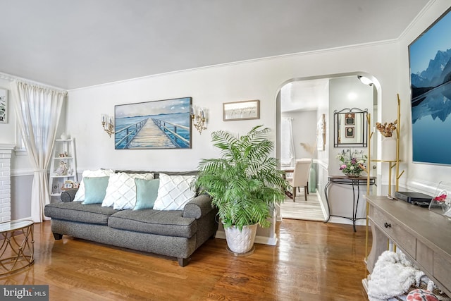 living room featuring hardwood / wood-style flooring and ornamental molding