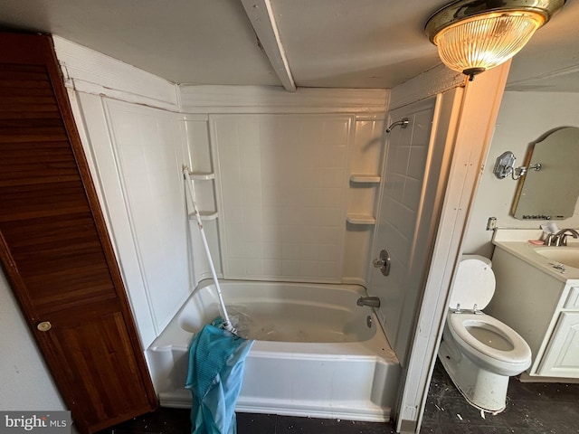 full bathroom featuring vanity, shower / bath combination with curtain, and toilet