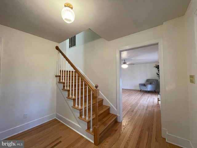 stairway with wood-type flooring and ceiling fan