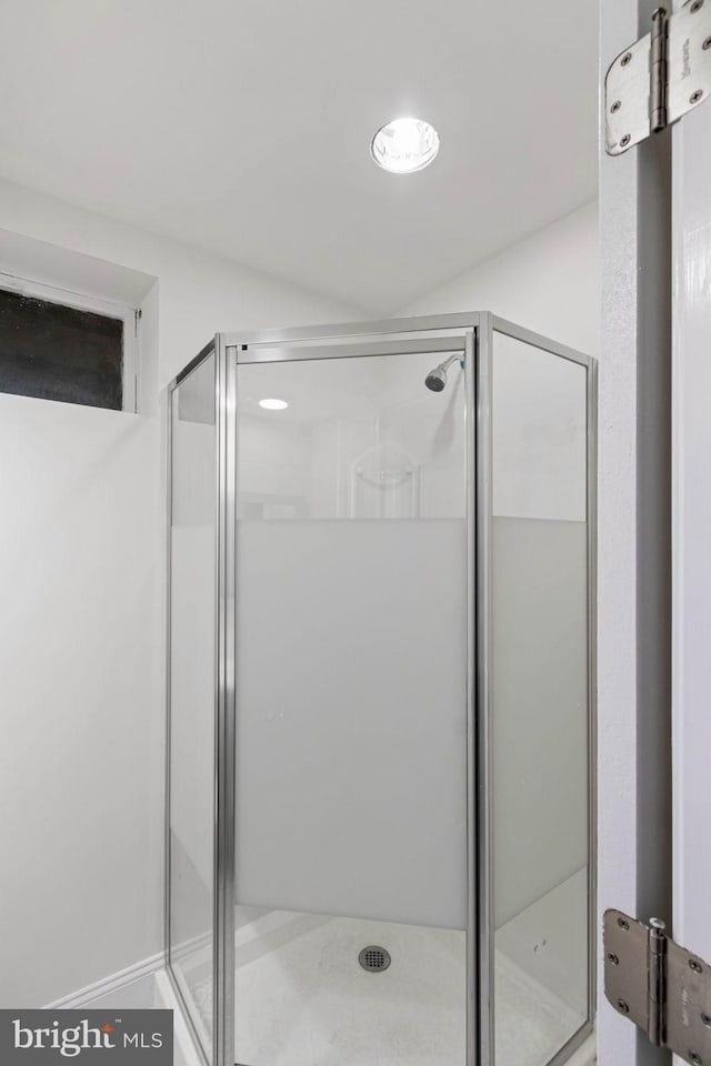 bathroom featuring a shower with shower door