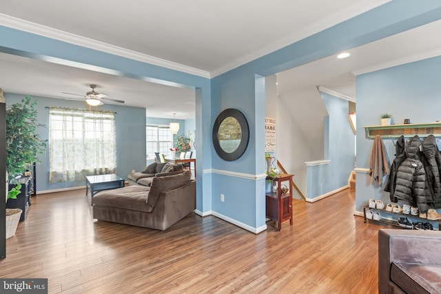 living room featuring wood-type flooring, ceiling fan, and crown molding