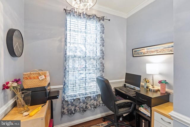 office with hardwood / wood-style floors and crown molding