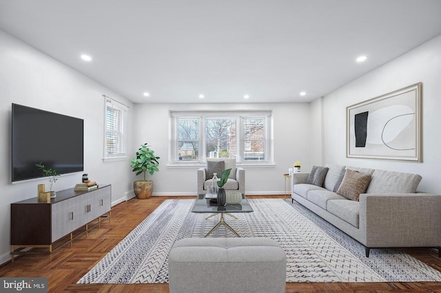 living room with parquet flooring