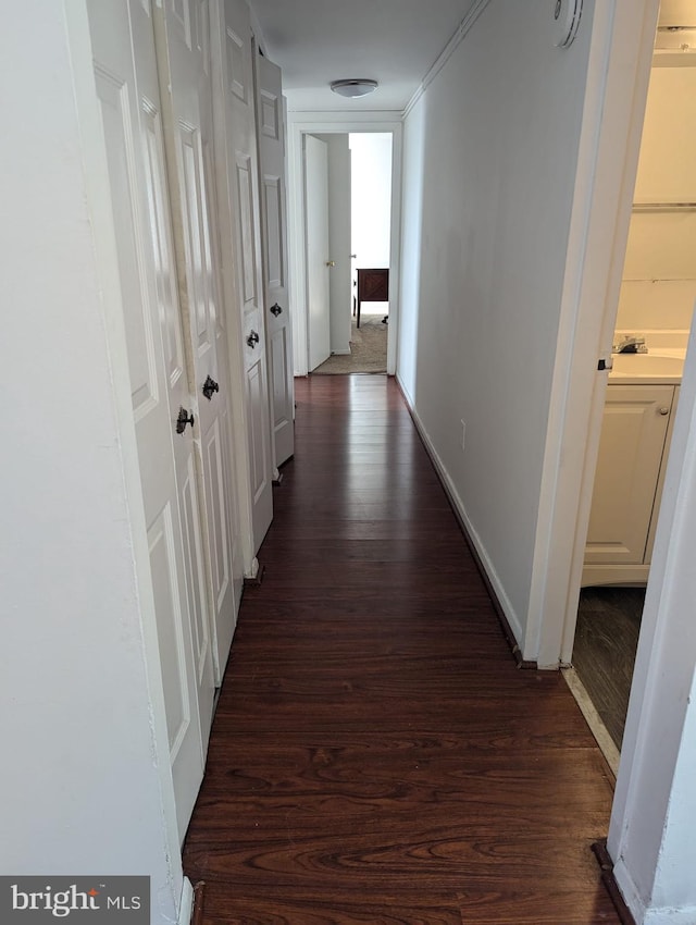 hallway with dark hardwood / wood-style floors and ornamental molding