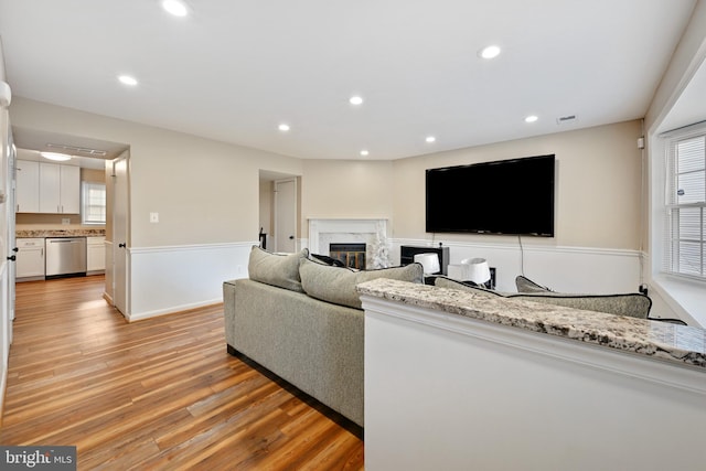 living room featuring a premium fireplace and light hardwood / wood-style flooring