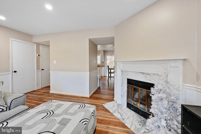 living room with a fireplace and hardwood / wood-style flooring