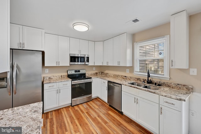 kitchen featuring sink, stainless steel appliances, light stone counters, white cabinets, and light wood-type flooring