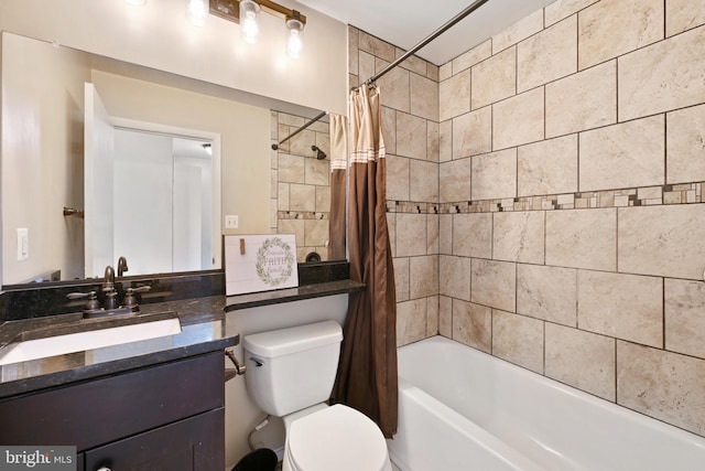 full bathroom with shower / bath combination with curtain, vanity, and toilet