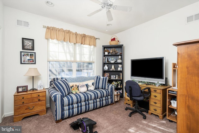 home office featuring ceiling fan and carpet flooring