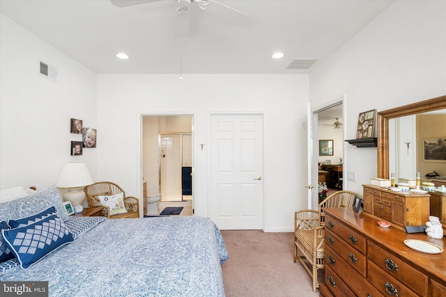 carpeted bedroom featuring ceiling fan and connected bathroom