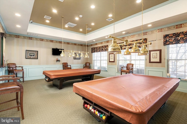 rec room featuring a raised ceiling, billiards, carpet, and ornamental molding