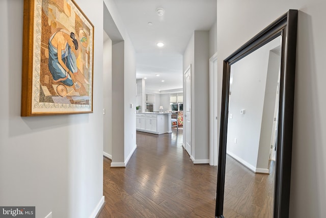 hallway with dark wood-type flooring