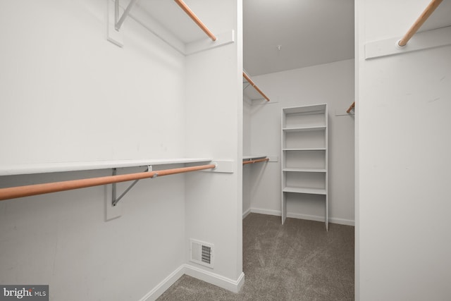 spacious closet featuring dark colored carpet