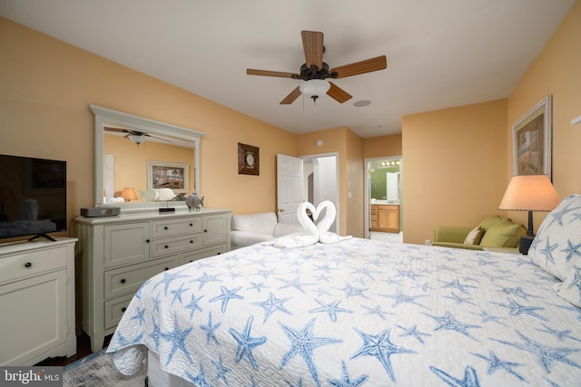 bedroom featuring ceiling fan and connected bathroom