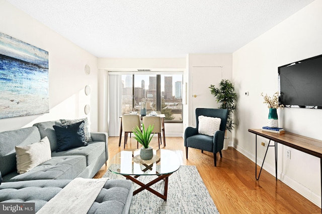 living room with light hardwood / wood-style floors and a textured ceiling