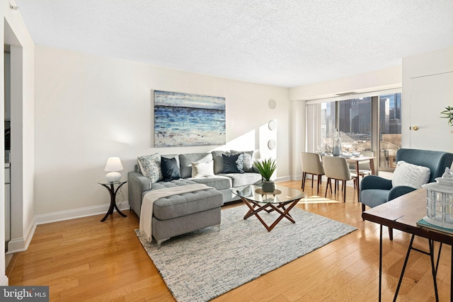 living room featuring light hardwood / wood-style flooring and a textured ceiling