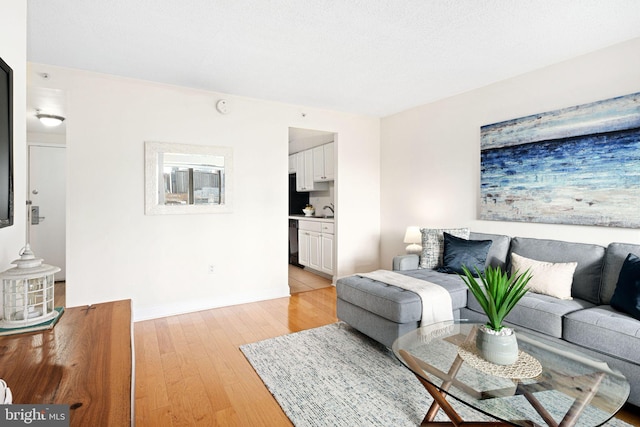 living room featuring sink and light hardwood / wood-style flooring