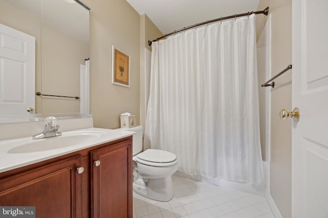 full bathroom with toilet, tile patterned flooring, shower / bathtub combination with curtain, and vanity