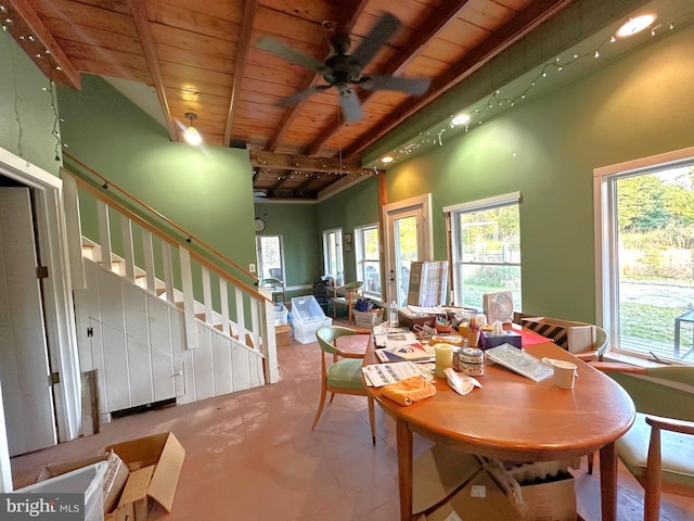 dining area featuring beam ceiling, wood ceiling, plenty of natural light, and rail lighting