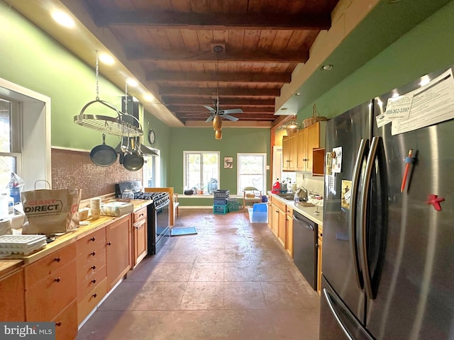 kitchen featuring sink, ceiling fan, appliances with stainless steel finishes, decorative backsplash, and wooden ceiling