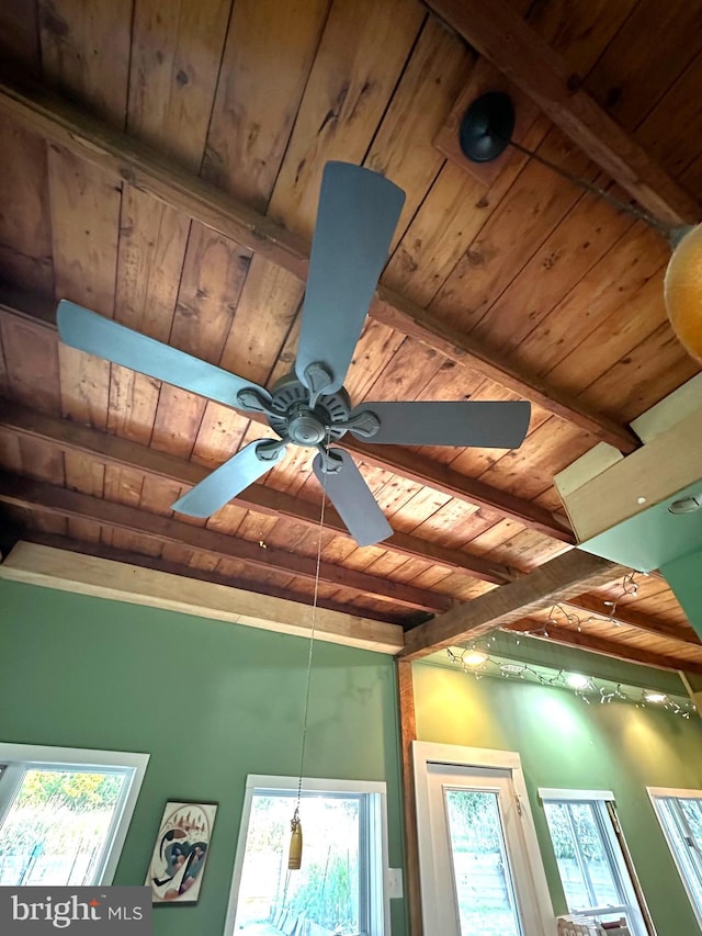 interior details featuring beamed ceiling, ceiling fan, and wood ceiling