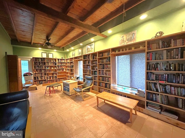 sitting room with beamed ceiling, ceiling fan, and wooden ceiling