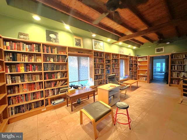 sitting room featuring beam ceiling and wood ceiling