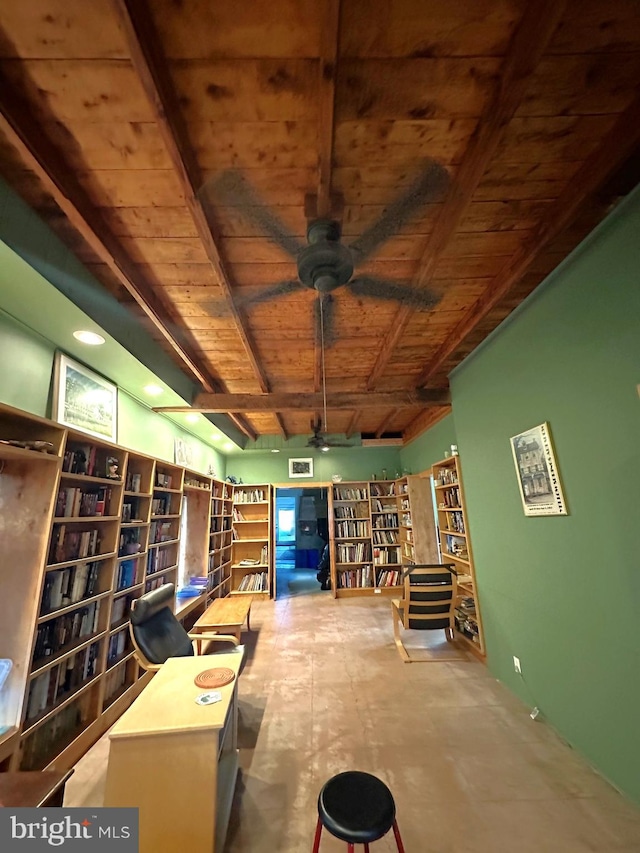 interior space with ceiling fan, wood ceiling, and beamed ceiling