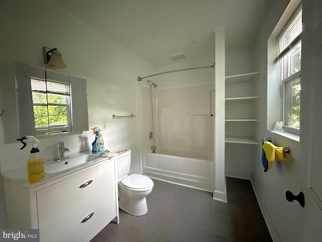 full bathroom featuring vanity, shower / tub combination, and toilet