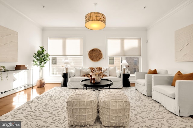 living room featuring hardwood / wood-style flooring, plenty of natural light, and ornamental molding