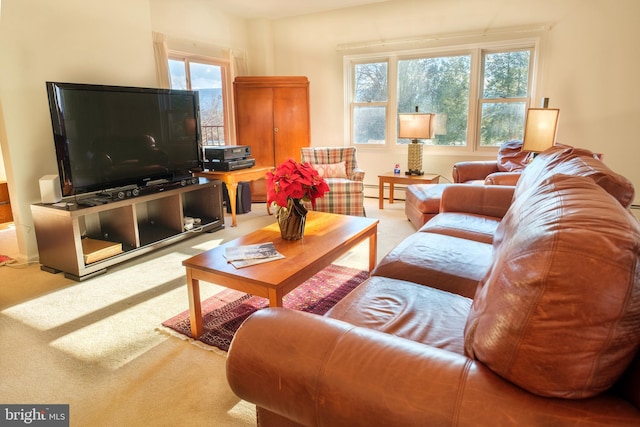 carpeted living room featuring baseboard heating