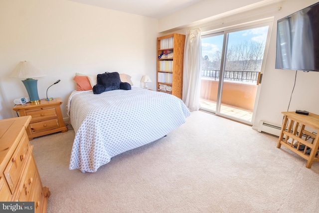 bedroom featuring light colored carpet and access to exterior