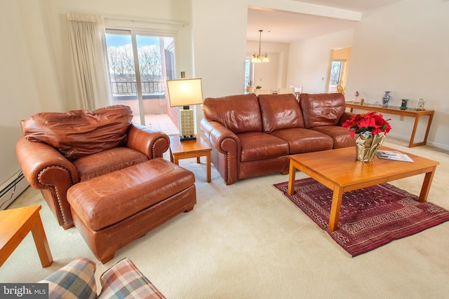 living room featuring a baseboard radiator, a chandelier, and light carpet