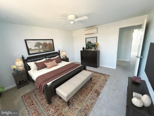 bedroom featuring a wall mounted air conditioner, light colored carpet, and ceiling fan