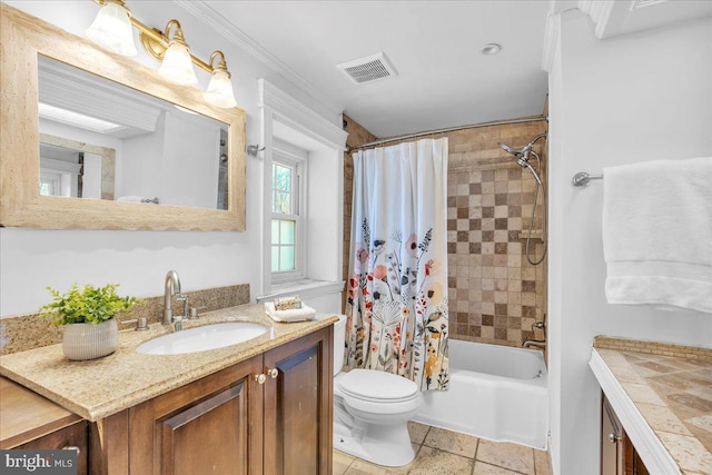 full bathroom featuring tile patterned flooring, toilet, shower / bath combo with shower curtain, vanity, and ornamental molding