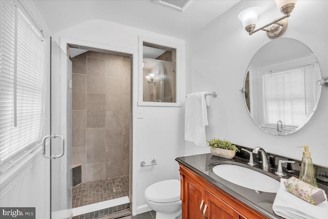 bathroom with vanity, toilet, plenty of natural light, and a shower with shower door