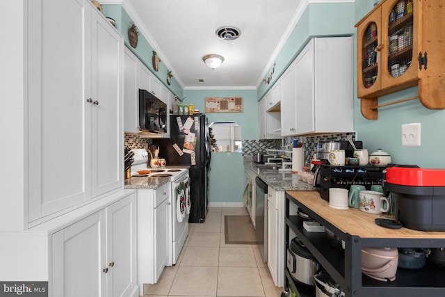 kitchen with white cabinetry, white range with electric stovetop, ornamental molding, and light stone counters