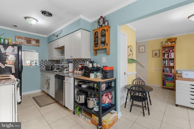 kitchen featuring white cabinets, ornamental molding, backsplash, and dishwasher