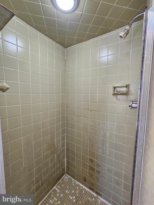 bathroom featuring tile patterned flooring and tiled shower