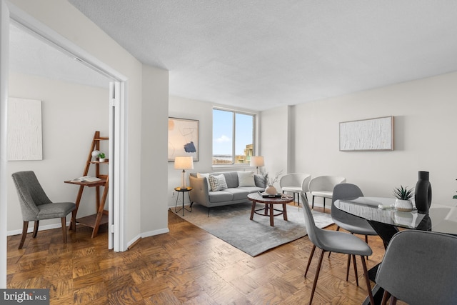 living room featuring dark parquet floors and a textured ceiling