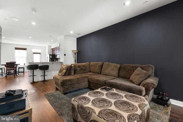 living room with dark hardwood / wood-style flooring