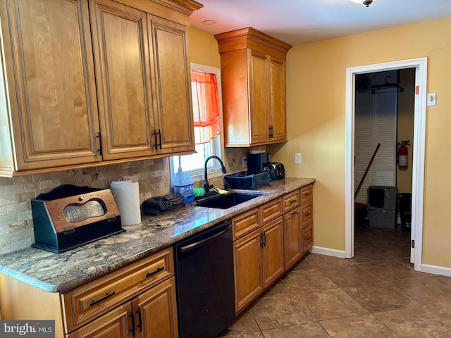 kitchen with sink, backsplash, dark stone counters, and dishwasher