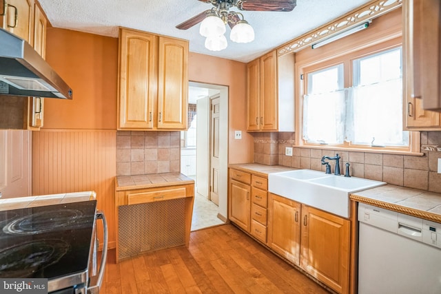 kitchen featuring ceiling fan, sink, tile countertops, dishwasher, and range hood