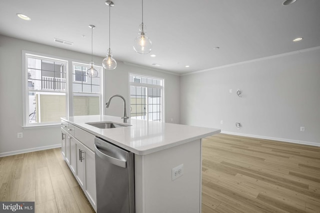 kitchen with white cabinets, a center island with sink, stainless steel dishwasher, and sink