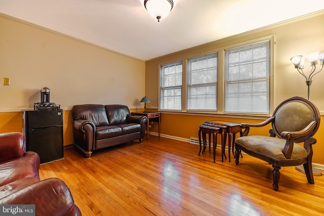 living room featuring light hardwood / wood-style flooring and ornamental molding