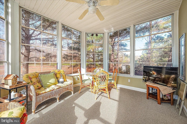 sunroom / solarium featuring ceiling fan and wooden ceiling